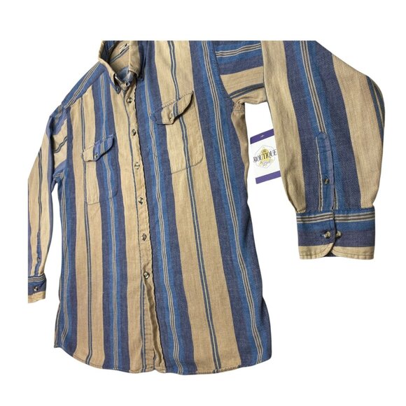Vintage Northwest Territory Mens L Flannel Shirt Long Sleeve Blue Tan Stripe - Picture 8 of 16
